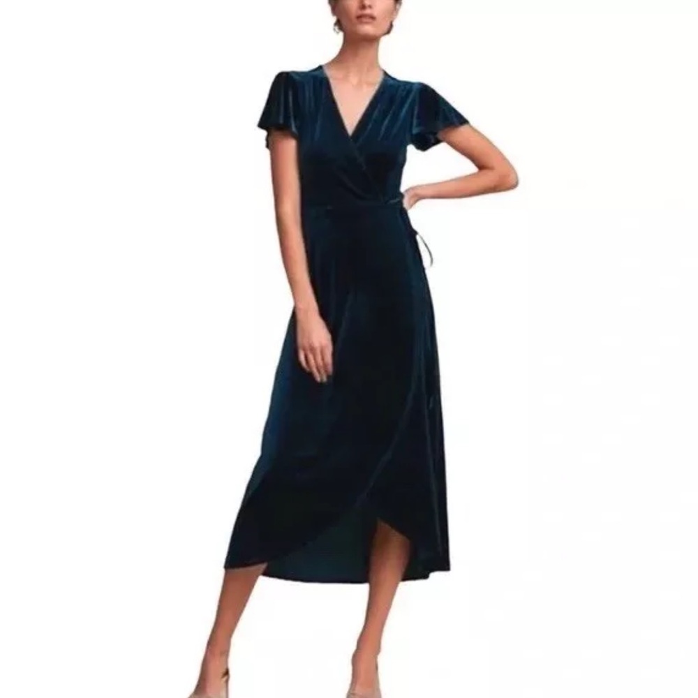 Anthropologie BHLDN Thrive Teal Green Crushed Velvet Midi Wrap Dress‎ Sz XL